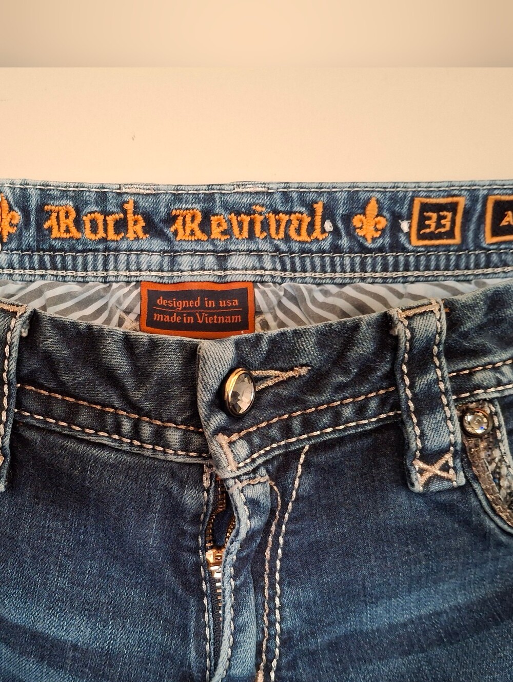Rock Revival Adorna 33x30 Women's Denim Jeans - Dark Blue with Gold Embroidery